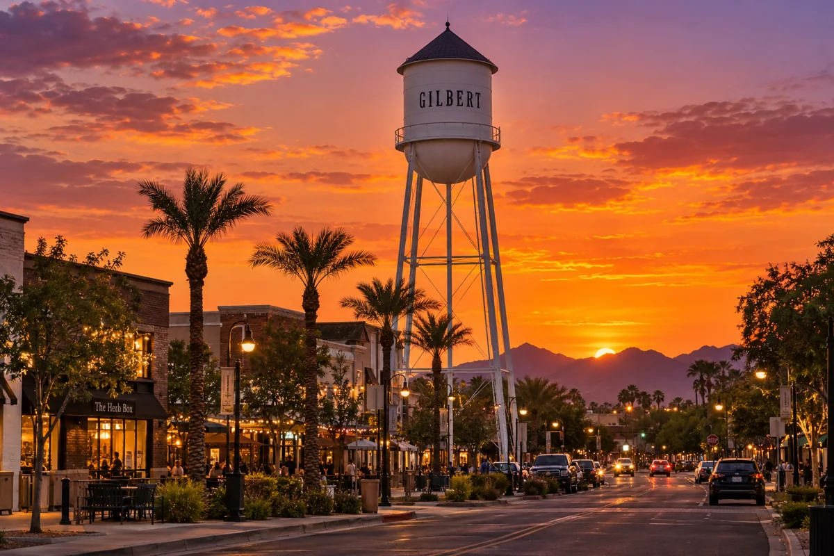 Gilbert’s water tower and downtown at sunset